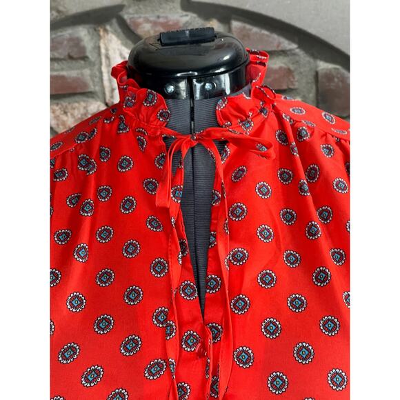 button up blouse ruffle collar tie neck red blue geometric - Picture 3 of 8